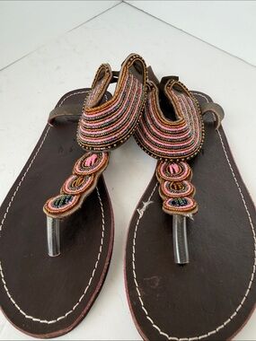 Maasai Original Beaded Brown Leather Thong Sandals - Stylish Ankle Size 40